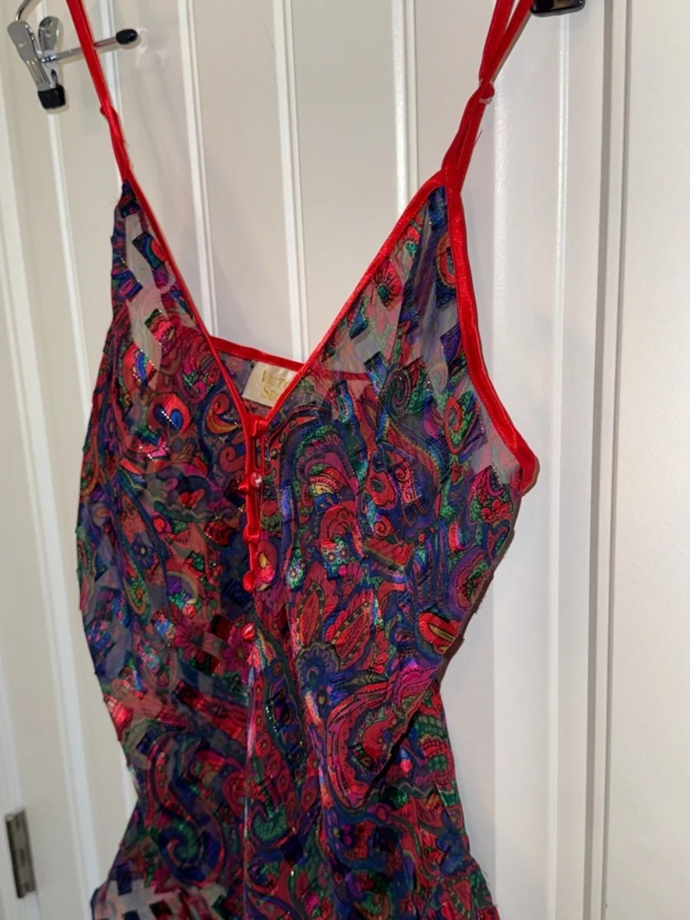 Victoria's Secret Sheer Paisley Teddy Red-Multicolor Print Vintage Sz Med - Picture 9 of 15